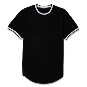 T-shirt Ringer Homme Noir à Col Rond et Ourlet Courbé, Coupe Longue, Style Streetwear, en Coton, Personnalisable, Vierge - Product Image 2