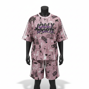 Ensemble short et maillot de sport en maille pour femme, en polyester doux respirant, avec panneau latéral imprimé rose, logo personnalisé, ensembles pour femme 100% coton - Product Image 1