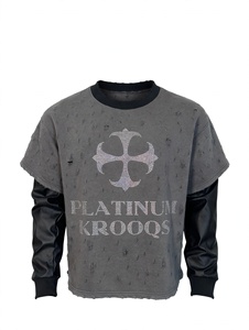 Custom Vintage Oversized Grey Distressed Rhinestone Cross Graphic Layered Fake Two Piece Faux Leather <b>Waffle</b> Fabric Long Men - Product Image 1