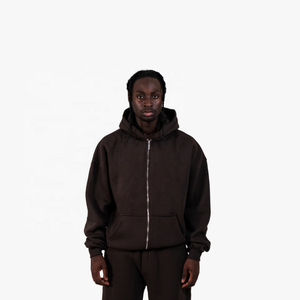 Ensemble de survêtement pour homme en coton marron uni à capuche avec fermeture éclair intégrale, coupe ample, décontracté, pour l'automne, avec poches latérales - Product Image 3