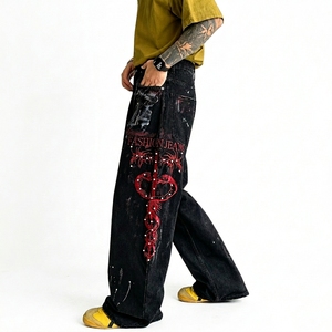 American-Style Men's Denim Pants Studded Diamonds High Street Print Tie Dye <b>Hip</b> Hop Winter Washed Distressed Loose-fitting Wide - Product Image 1