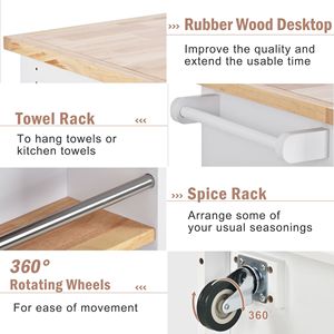 Carrello da Cucina a Due Lati con Ruote, Piano in Legno di Gomma e Portabottiglie e Portaspezie, Ampio Kit di Stoccaggio - Product Image 5