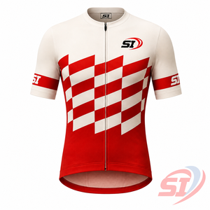 Maillot de cyclisme pour hommes SI, manches courtes, rouge et blanc à carreaux, vêtements de sport respirants en polyester - Product Image 1