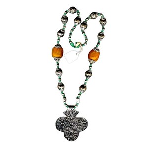 Handcrafted Boho Cross <b>Necklace</b>, Tribal Cross <b>Necklace</b> with Silver Tone Pendant with Green and Amber Beads, <b>Statement</b> Jewelry - Product Image 3