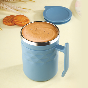 Premium stainless steel insulated coffee mug with textured geometric design <b>reusable</b> travel tea <b>cup</b> with handle lid - Product Image 2