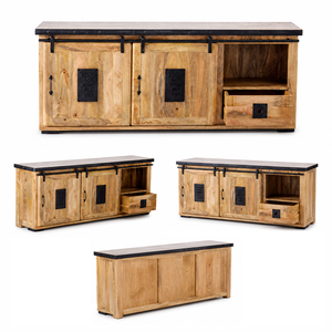 Industrial Mango Wood TV Unit with Sliding Barn Door <b>Rustic</b> Wooden Media Console <b>Cabinet</b> - Product Image 5