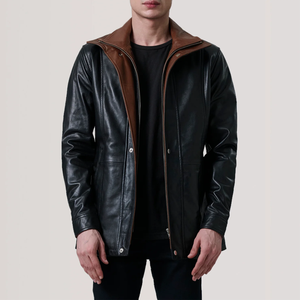 Best Quality Slim Fit <b>Mandarin</b> <b>Collar</b> Leather <b>Jacket</b> Men New Fashionable Windbreaker Waterproof Breathable Front Logo Sale - Product Image 1