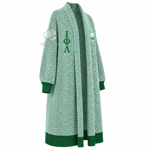 Iota Phi Lambda Sorority Women's Longline Herringbone Knit Duster <b>Cardigan</b> Open Front Embroidered Ribbed Cuff <b>Sweater</b> - Product Image 2