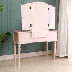 "Oak <b>Makeup</b> Vanity Table with 3 Square <b>Mirror</b> Drawers & Roman Column Design" - Product Image 5