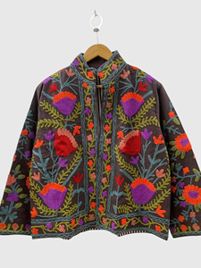 Hand Embroidered Floral Cotton Jacket Mandarin Collar Full Sleeve Plus Size Women'<b>s</b> Autumn Prairie Chic Style - Product Image 4