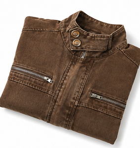Chaqueta Bomber de Pana Unisex, Estilo Casual, Cuello Alto, Cierre de Cremallera, Color Sólido Teñido y Lavado, Manga Corta, Estilo Otoñal - Product Image 3