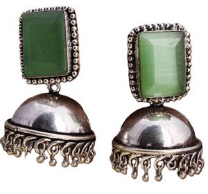 Oxidized Silver Green Monalisa Stone Pear Cut Zircon Brass Indian <b>Jhumka</b> <b>Earring</b> with Imitation Pearl for Women Gift - Product Image 1