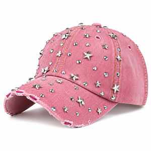 Casquette de baseball en jean vieilli personnalisée avec strass cloutés, ornée de cristaux scintillants, ajustable, vente en gros - Product Image 4