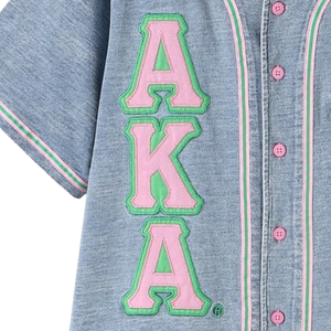 เสื้อเบสบอลยีนส์ AKA สีฟ้าอ่อน แขนสั้นติดกระดุม สไตล์กรีก สำหรับผู้หญิง - Product Image 5