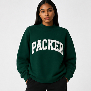 เสื้อสเวตเชิ้ตคอกลมสีเขียวสำหรับผู้หญิง พิมพ์ลายตัวอักษร Packer ผ้าถักคอตตอน สไตล์วาร์ซิตี้ แนว Preppy สำหรับวันแข่งขัน คอเต่า - Product Image 1