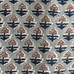 ผ้าฝ้ายพิมพ์ลายดอกไม้สีเทาแบบแฮนด์บล็อก |   วัสดุสำหรับวิ่งบูต้าขนาดเล็ก สีฟ้าและสีชมพู - Product Image 2