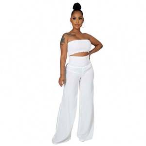 Ensemble décontracté printemps-été pour femme : haut court bustier blanc en tricot extensible et pantalon large taille haute à cheville - Product Image 1