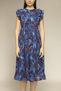 Premium Quality Women Blue Color Floral Printed <b>Ruffle</b> Sleeve <b>Dress</b> Casual Daily Wear Available at Manufacturer Price - Product Image 4
