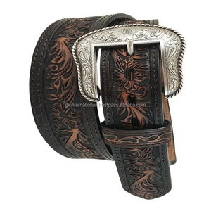 Ceinture en cuir occidentale unisexe avec double couture et motifs floraux gravés, ceintures en cuir pour cow-boy et cow-girl - Product Image 3