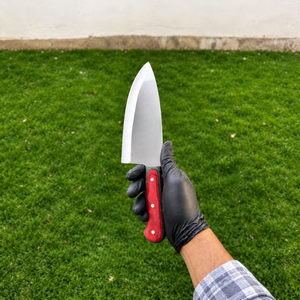 Couteau à Découper et à Éviscérer avec Manche en Bois Rouge, Lame Large Argentée Tranchante et Pointue, pour la Viande, le Désossage et la Cuisine - Product Image 1