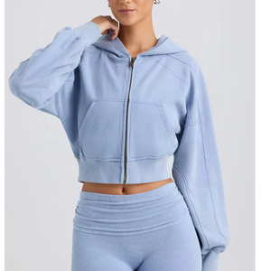 Hoodie en molleton court pour femmes de qualité supérieure |   Sweat-shirt court zippé |   Vêtements de détente de créateur effet délavé |   GEO BROTHERS Coton Écologique - Product Image 5