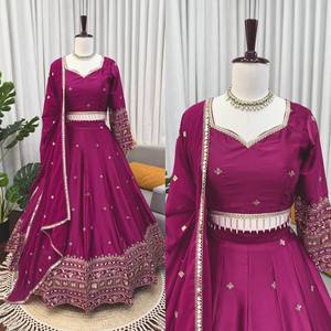 Lehenga Choli de Satén Japonés de Diseño con Dupatta, Bordado con Hilos y Lentejuelas - Product Image 1