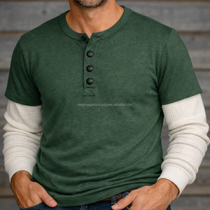 Mens Heavyweight Cotton Garment Dyed Henley <b>Shirt</b> Long <b>Waffle</b> Thermal Sleeves Contrast Hem Durable Layered Design Winter - Product Image 6