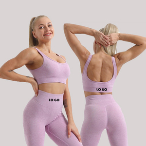 Ensemble de yoga côtelé 2 pièces pour femme : brassière de sport dos nageur et leggings taille haute, rose uni, tenue de sport - Product Image 1