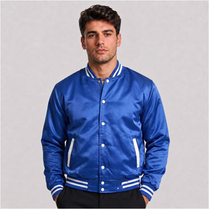 Chaqueta Varsity Azul Satinado para Hombre con Ribete Blanco, Corte Regular, Estilo Casual - Product Image 1