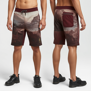 Shorts de luxe pour hommes en molleton épais avec imprimé superposé motif terrain cramoisi et construction athlétique haut de gamme - Product Image 3