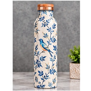 Floral <b>Bird</b> Design Copper <b>Water</b> Bottle With Wooden Lid Portable Travel Use - Product Image 1