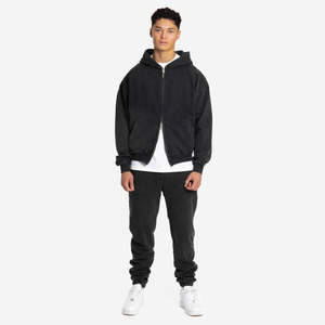 OEM Custom Double Slider Heavyweight 500GSM Thermal Acid Wash Vintage Oversized Drop Shoulder Zip <b>up</b> Hoodies Men Custom Logo - Product Image 2