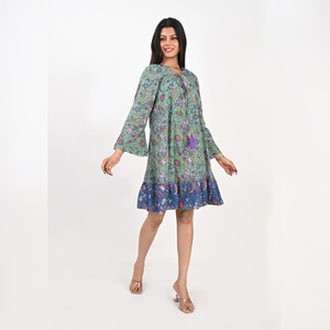 Robe élégante à imprimé floral style sari indien, col en V, manches longues, taille naturelle à nouer, décontractée, pour le quotidien, été, mode bohème - Product Image 2