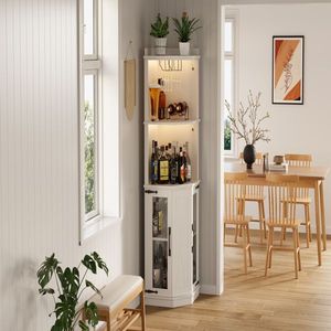 Mobile Bar da Cantina Stile Rustico da 170,5 cm con Ripiani Regolabili, Prese Elettriche e Luci, Armadietti Angolari in Vetro per Bar Domestico - Product Image 5