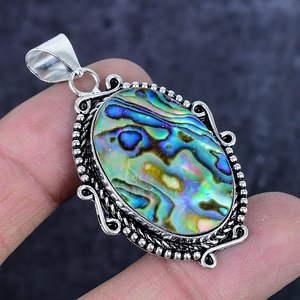 Vintage Cute <b>Abalone</b> <b>Shell</b> Pendant Antique 925 Silver Plated Channel Setting Oval Shape Stones Solitaire Charm Unisex Women - Product Image 2