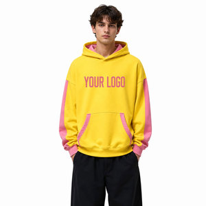 Sweat-shirt à capuche unisexe surdimensionné jaune et rose avec poche et impression par transfert thermique - Product Image 3
