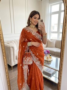 Sari Premium Reglance Designer Fendy en satin brodé avec cordonnet de sequins et bordure à la main, infroissable et à séchage rapide - Product Image 4