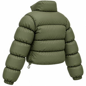Women's Olive Green Quilted Puffer <b>Jacket</b> Stand Collar Full <b>Sleeve</b> <b>Short</b> Winter Coat Polyester Wadding Zipper Closure - Product Image 4