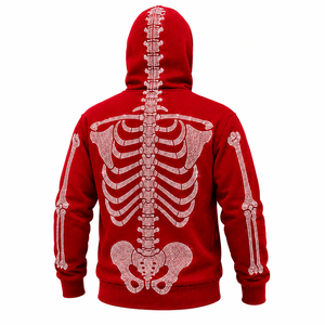 Men’s Red Rhinestone Skeleton Hoodie <b>Jacket</b> with Full Zip Balaclava Mask Crystal Skull Bone Design <b>Gothic</b> Hip Hop Streetwear OEM - Product Image 3