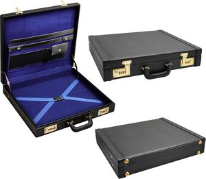 Sacoche de regalia maçonnique pour tablier de Maître Maçon et Maître Maçon Compétent, en cuir véritable noir avec doublure en velours et serrures à combinaison dorées - Product Image 1