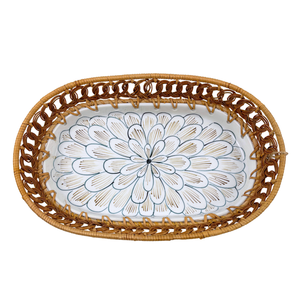 Bandeja de servicio de cerámica ovalada con patrón Floral azul hecha a mano, borde tejido de ratán ecológico para el hogar, cocina, comedor, fiesta decorativa - Product Image 2