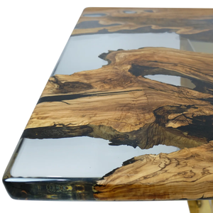 Table à manger moderne en bois massif et résine époxy, pieds en métal doré, rectangulaire, faite à la main, mobilier de maison, 6 places, à assembler - Product Image 5