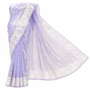 Sari en organza brodé vintage avec bordure florale, léger et transparent, de créateur, pour fêtes et mariages, tenue ethnique - Product Image 1