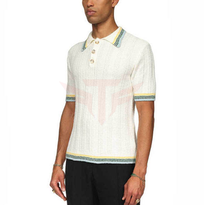 Polo de Punto Crema para Hombre, Manga Corta, Botones, Cuello con Ribete en Contraste, Estilo Preppy - Product Image 6