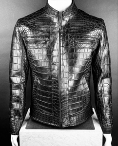 Veste moto en cuir véritable gaufré crocodile pour homme, col montant, fermeture éclair, coupe ajustée, style hiver - Product Image 1