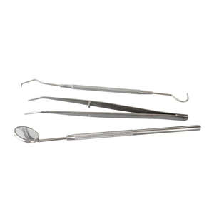 Kit d'examen dentaire avec miroir, pinces et sonde, poignée moletée argentée, instruments manuels de classe I - Product Image 1