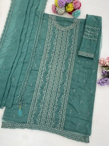 Ensemble indien pakistanais traditionnel pour femme en rayonne brodée vert-bleu, avec dupatta, longueur cheville, coupe régulière, extensible - Product Image 2