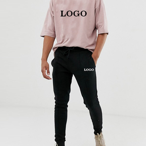 Ensemble de survêtement décontracté pour homme, jogging noir avec logo, t-shirt rose à col rond, manches courtes, couleur unie, respirant, léger - Product Image 1