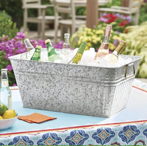 Red trimmed distressed galvanized ice <b>bucket</b> beverage holder is held up by a matching red stand, available at wholesale prices - Product Image 5