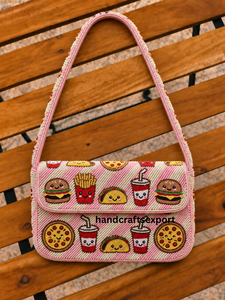 Sac à bandoulière à rabat perlé mignon pour femme, motif alimentaire de dessin animé, rose, à sangle unique, sac artisanal fait main pour usage quotidien - Product Image 1